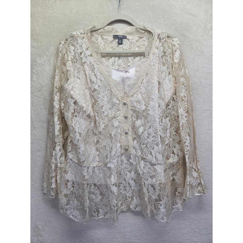 Womens Cream Ivory Floral Lace‎ Tier Blouse Bell Sleeve XL V-Neck Camisole Fairy